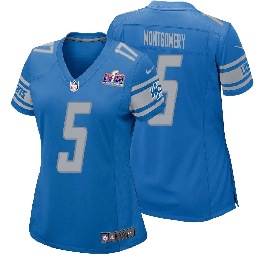David Montgomery No 5 Womens Custom Blue Detroit Lions Super Bowl LVIII Player Home Game Jersey