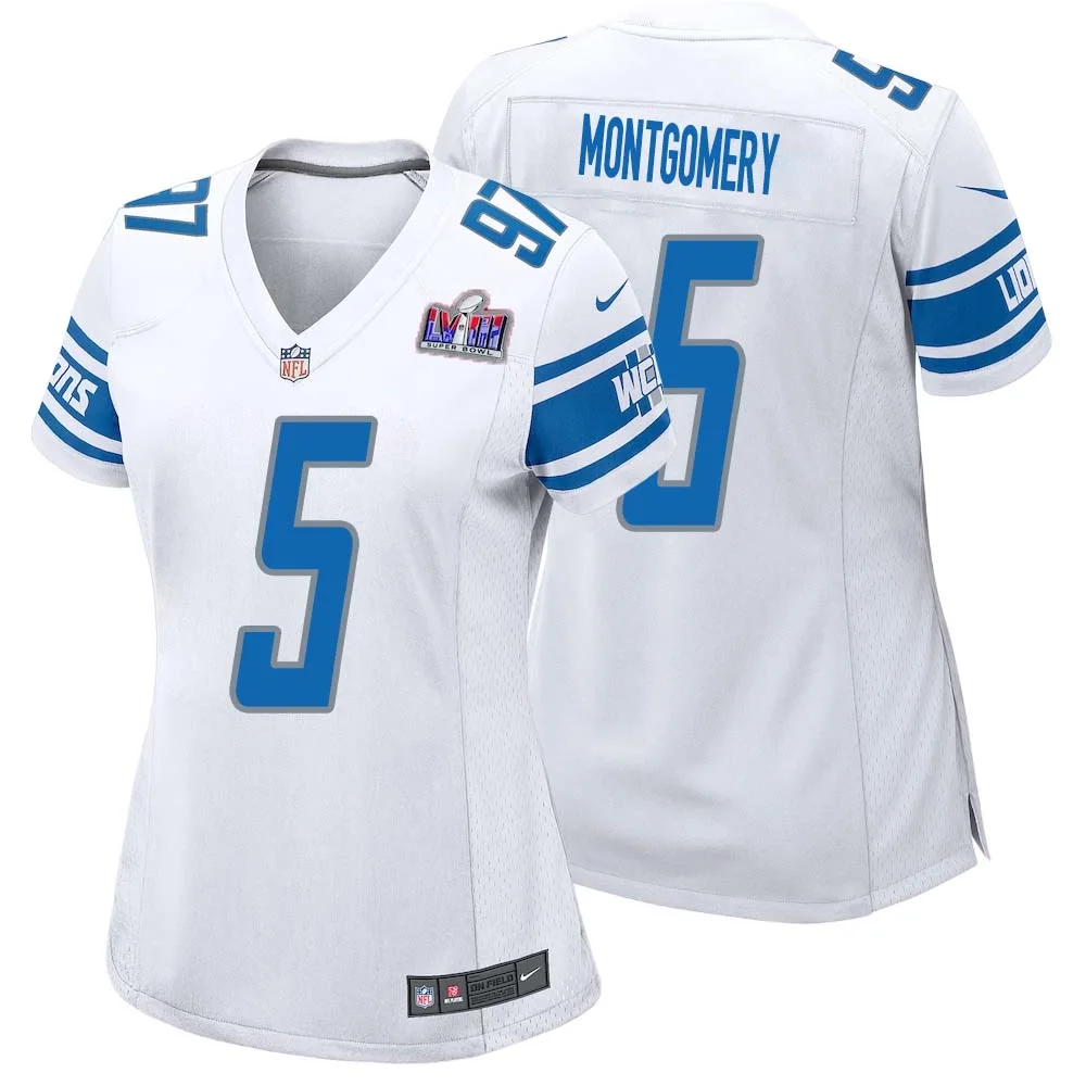 David Montgomery No 5 Womens Custom White Detroit Lions Super Bowl LVIII Away Game Jersey