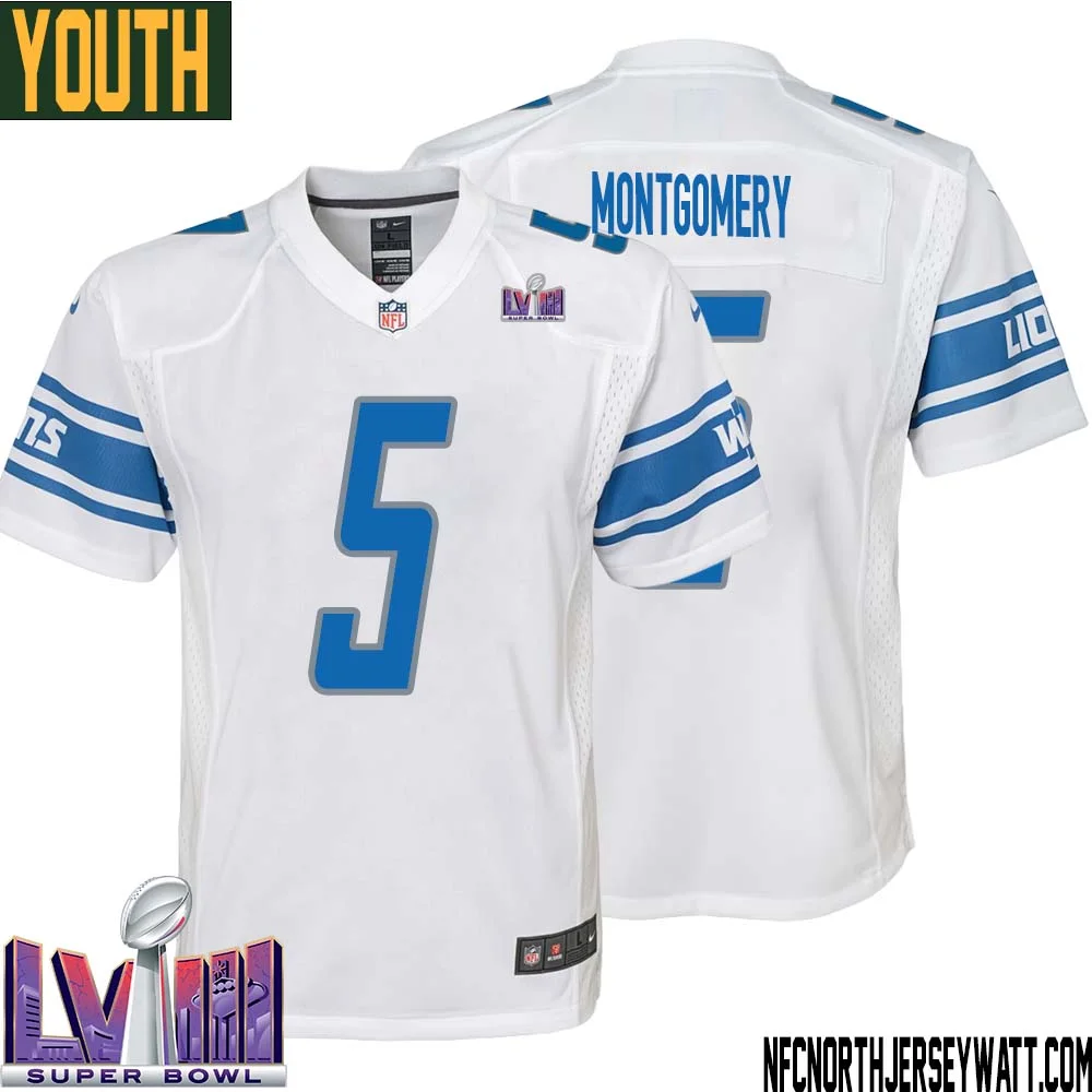 David Montgomery No 5 Youth White Detroit Lions Player Super Bowl LVIII Away Game Jersey
