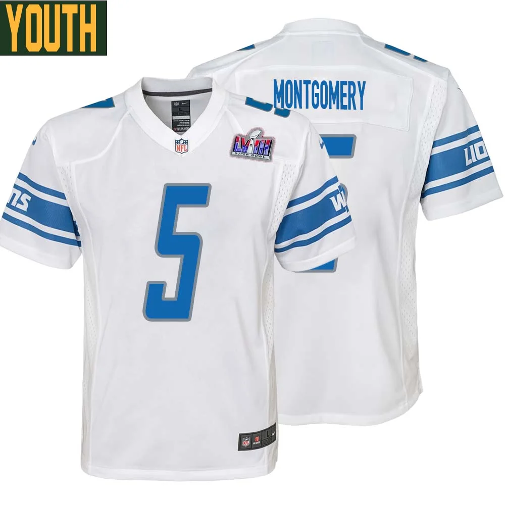 David Montgomery No 5 Youths Custom White Detroit Lions Super Bowl LVIII Away Game Jersey