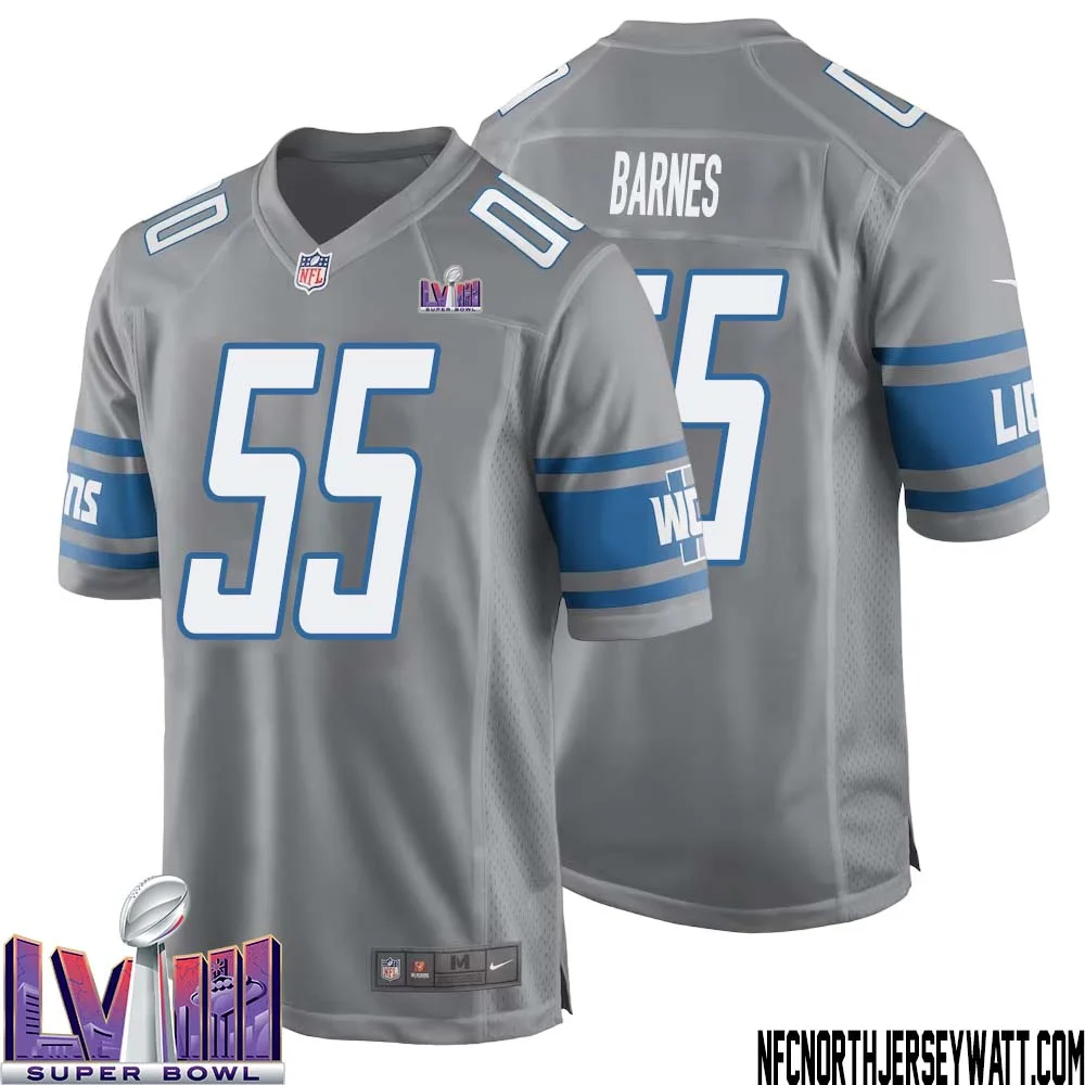 Derrick Barnes No 55 Men Grey Detroit Lions Player Super Bowl LVIII Alternate Game Jersey