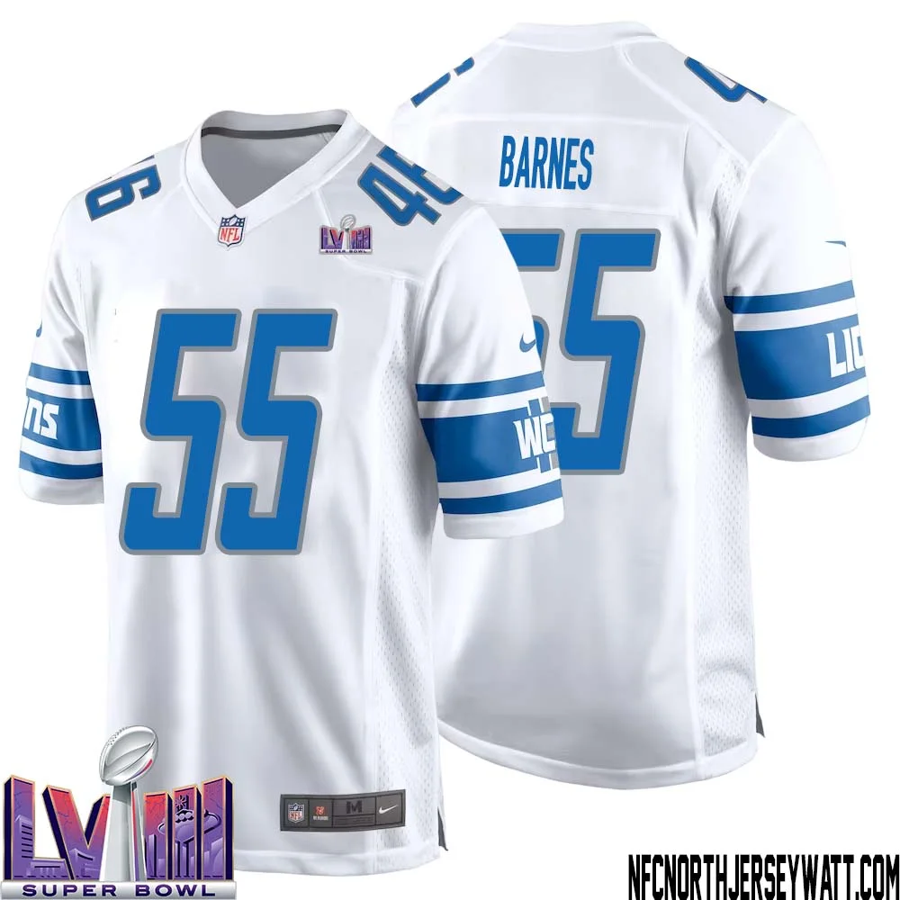 Derrick Barnes No 55 Men White Detroit Lions Player Super Bowl LVIII Away Game Jersey