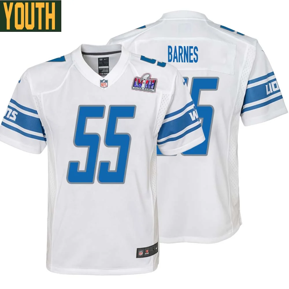 Derrick Barnes No 55 Youths Custom White Detroit Lions Super Bowl LVIII Away Game Jersey