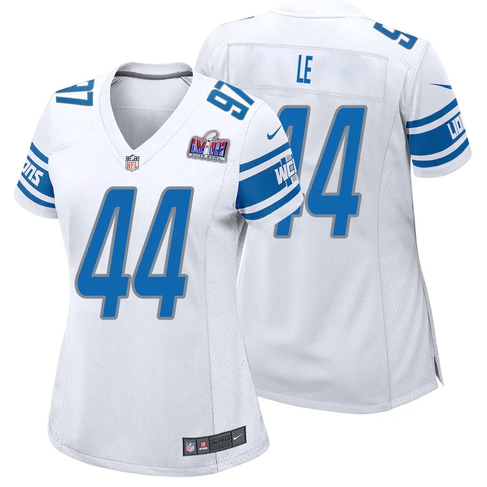 Dick Le No 44 Womens Custom White Detroit Lions Super Bowl LVIII Away Game Jersey