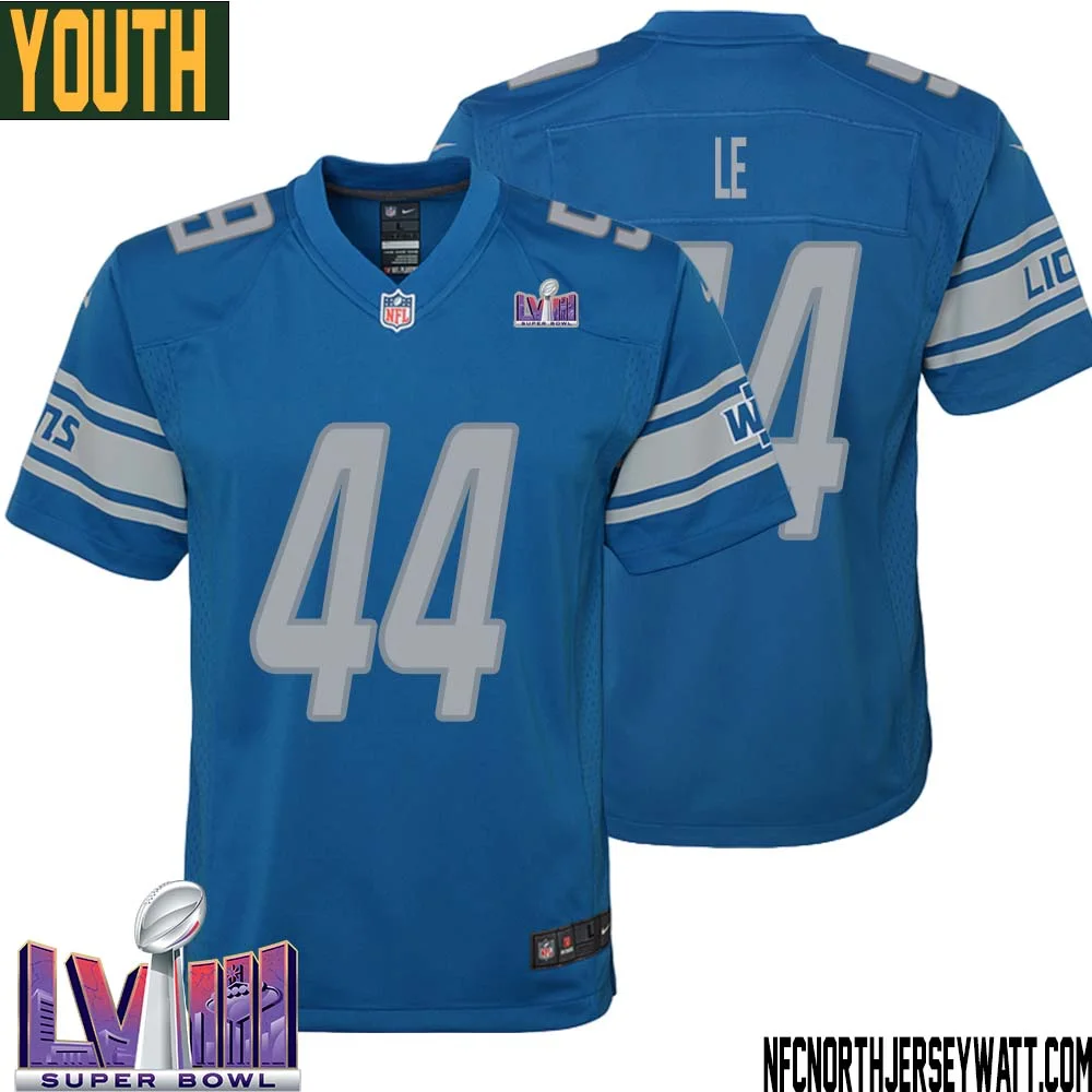 Dick Le No 44 Youth Blue Detroit Lions Player Super Bowl LVIII Home Game Jersey 1