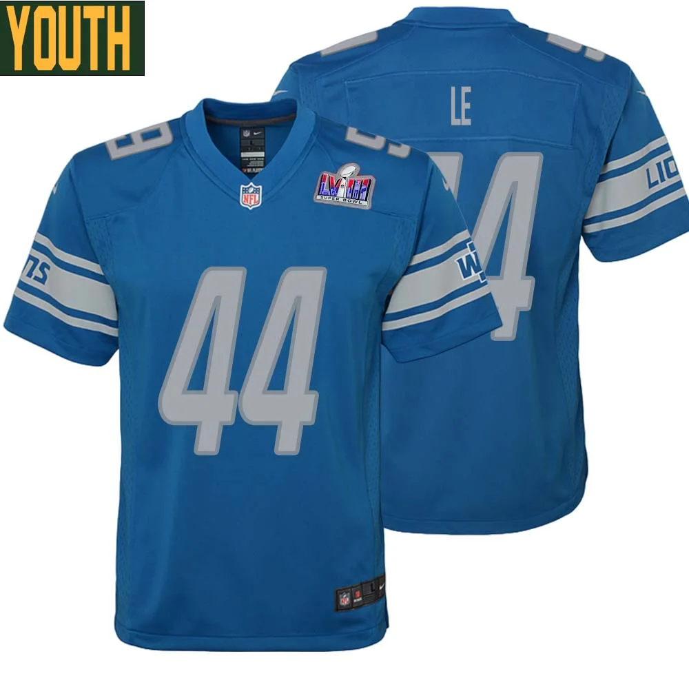 Dick Le No 44 Youths Custom Blue Detroit Lions Super Bowl LVIII Player Home Game Jersey