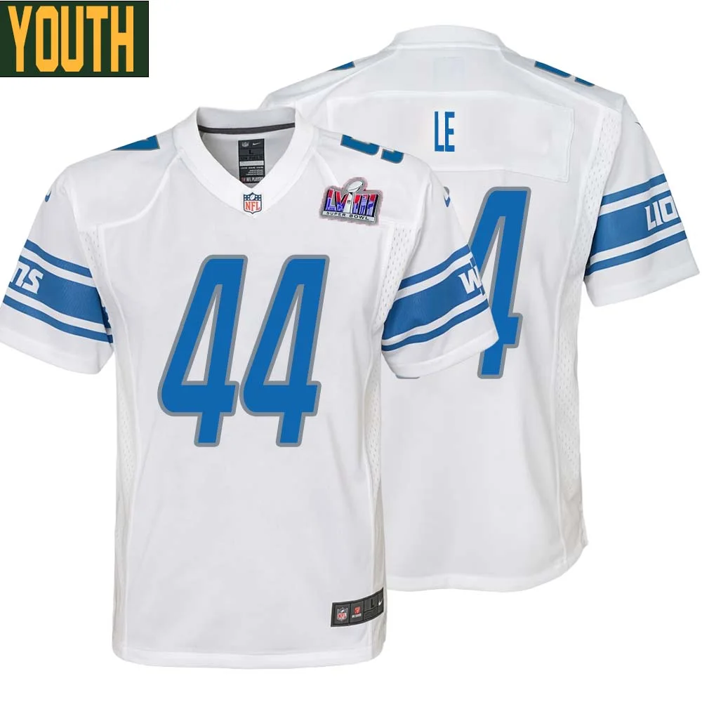 Dick Le No 44 Youths Custom White Detroit Lions Super Bowl LVIII Away Game Jersey