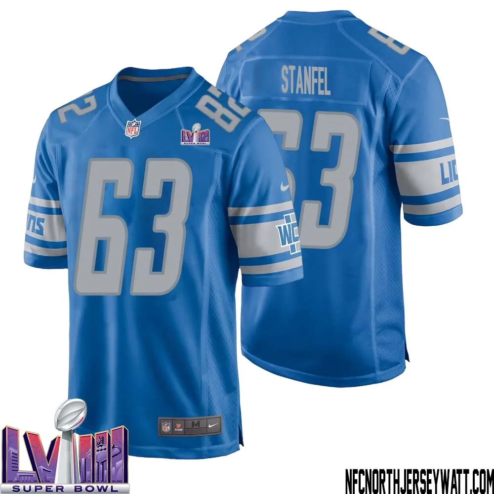 Dick Stanfel No 63 Men Blue Detroit Lions Player Super Bowl LVIII Home Game Jersey