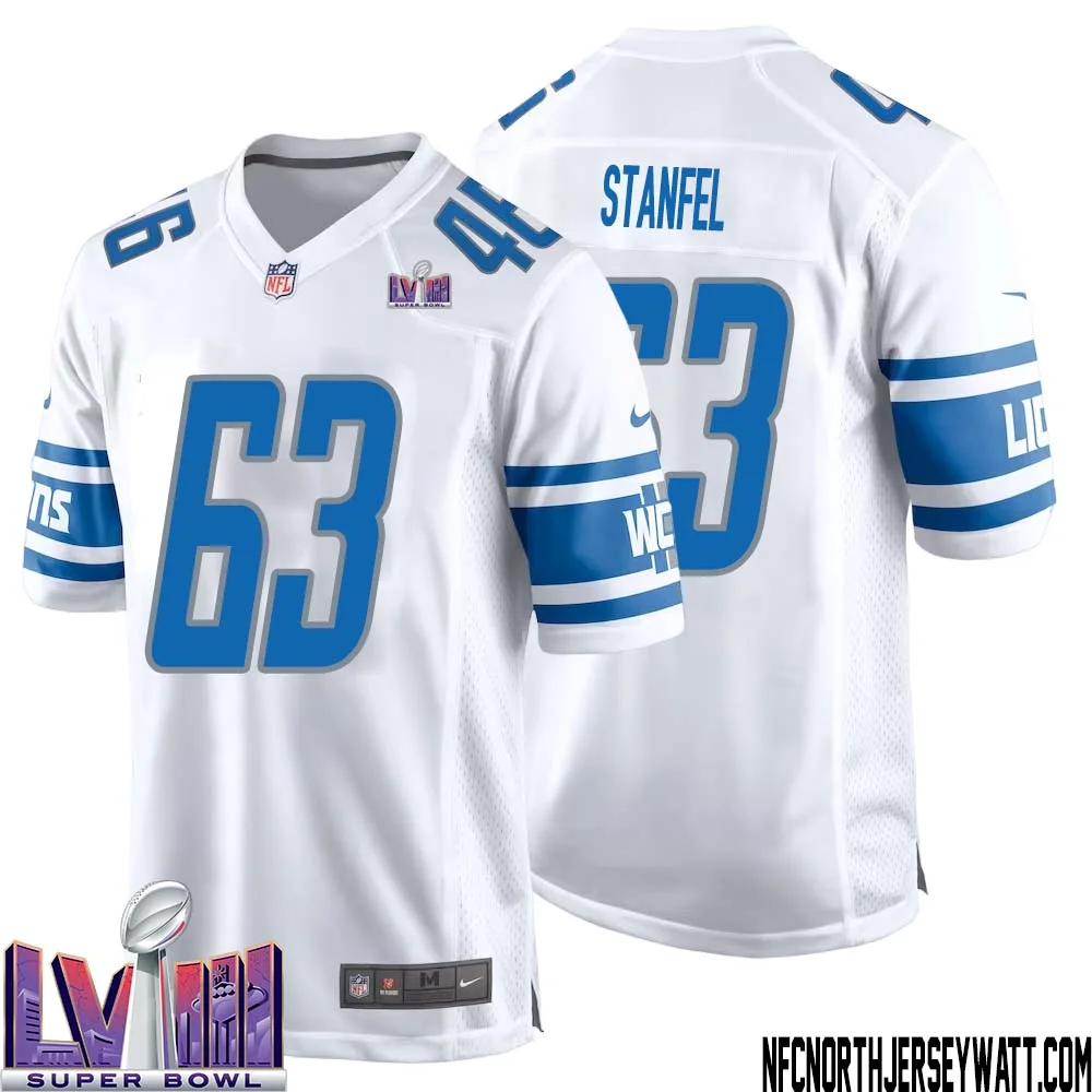 Dick Stanfel No 63 Men White Detroit Lions Player Super Bowl LVIII Away Game Jersey