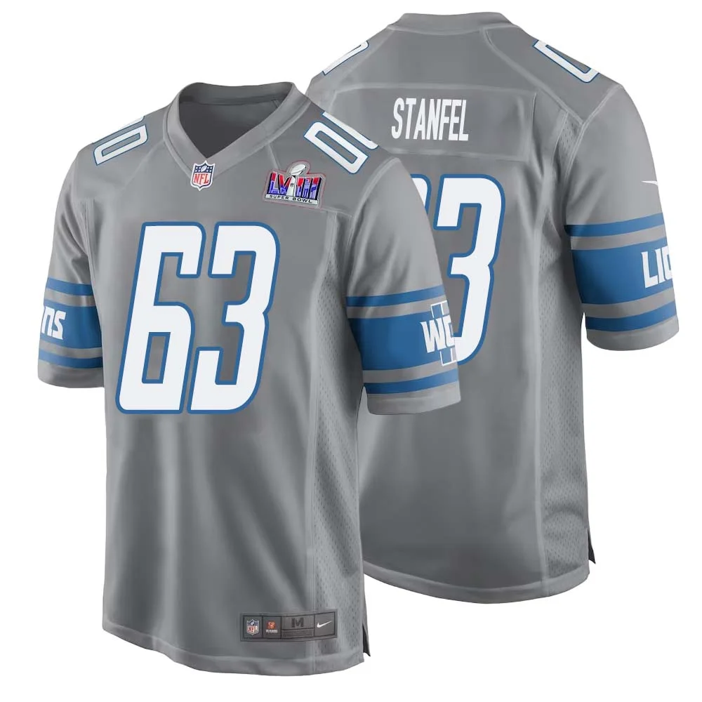 Dick Stanfel No 63 Mens Custom Gray Detroit Lions Alternate Super Bowl LVIII Game Jersey