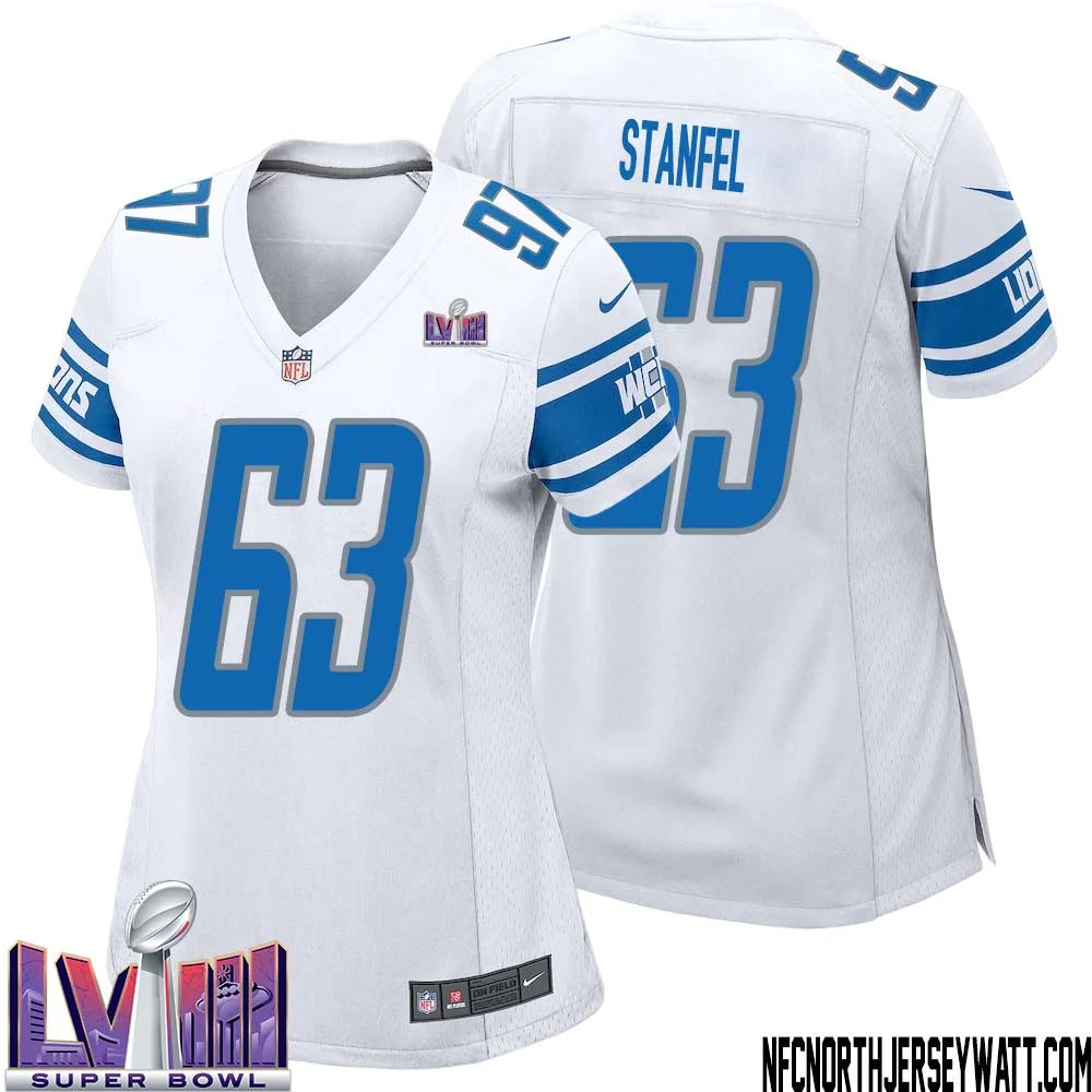 Dick Stanfel No 63 Women White Detroit Lions Player Super Bowl LVIII Away Game Jersey