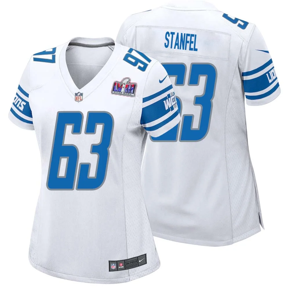 Dick Stanfel No 63 Womens Custom White Detroit Lions Super Bowl LVIII Away Game Jersey