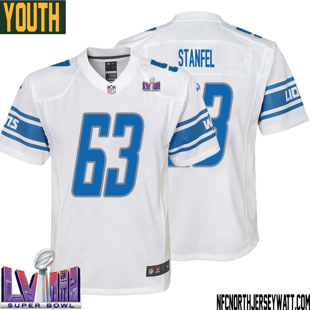 Dick Stanfel No 63 Youth White Detroit Lions Player Super Bowl LVIII Away Game Jersey