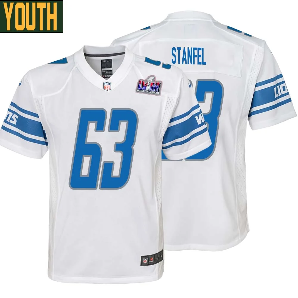 Dick Stanfel No 63 Youths Custom White Detroit Lions Super Bowl LVIII Away Game Jersey