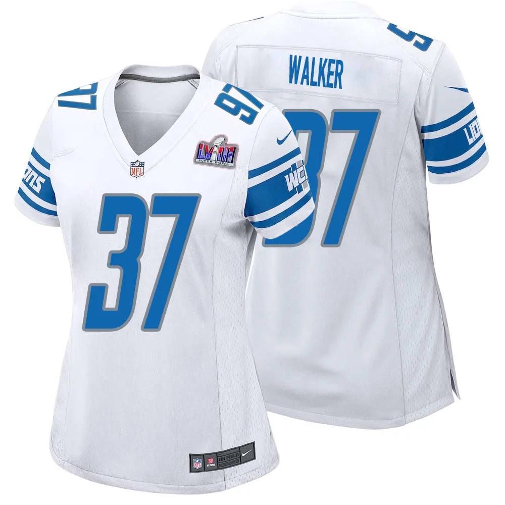 Doak Walker No 37 Womens Custom White Detroit Lions Super Bowl LVIII Away Game Jersey