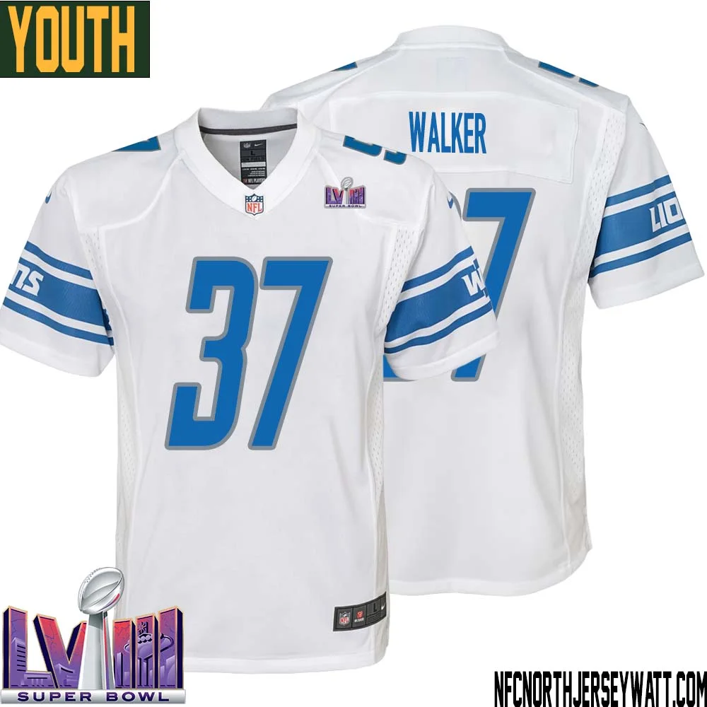 Doak Walker No 37 Youth White Detroit Lions Player Super Bowl LVIII Away Game Jersey 1
