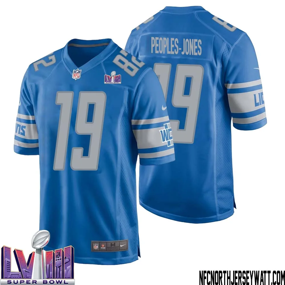 Donovan Peoples Jones No 19 Men Blue Detroit Lions Player Super Bowl LVIII Home Game Jersey 1