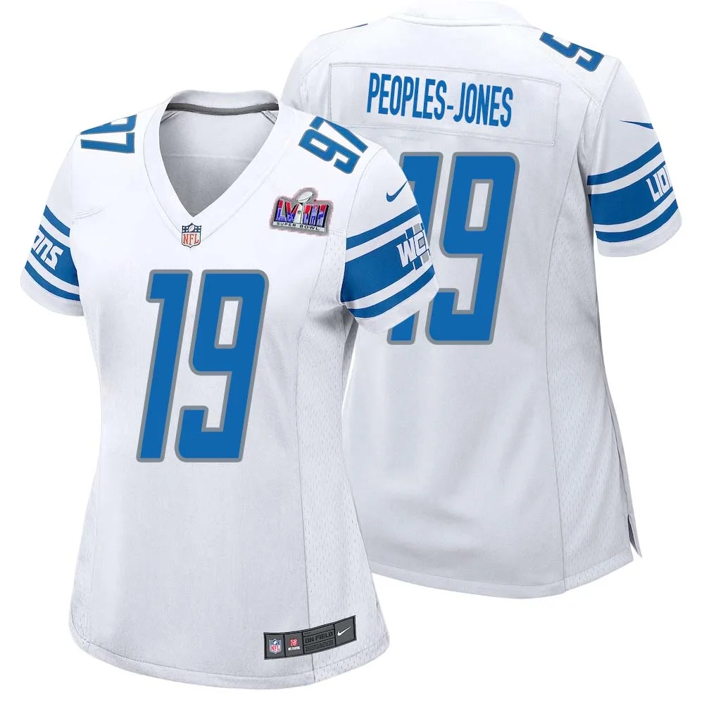 Donovan Peoples Jones No 19 Womens Custom White Detroit Lions Super Bowl LVIII Away Game Jersey