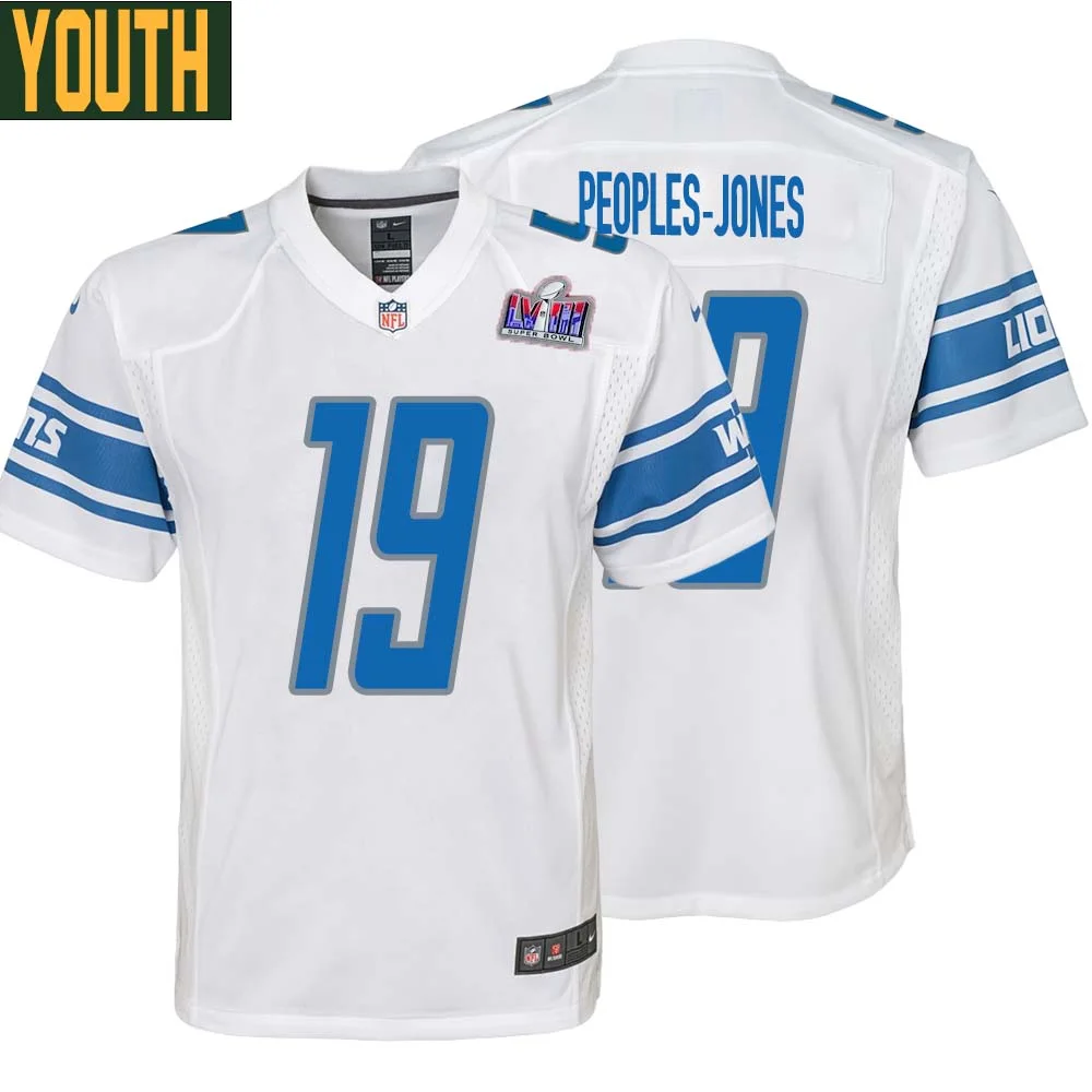 Donovan Peoples Jones No 19 Youths Custom White Detroit Lions Super Bowl LVIII Away Game Jersey
