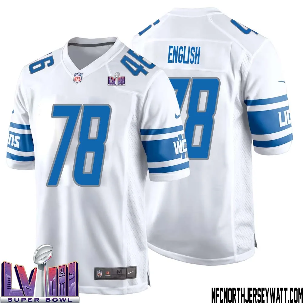 Doug English No 78 Men White Detroit Lions Player Super Bowl LVIII Away Game Jersey 1