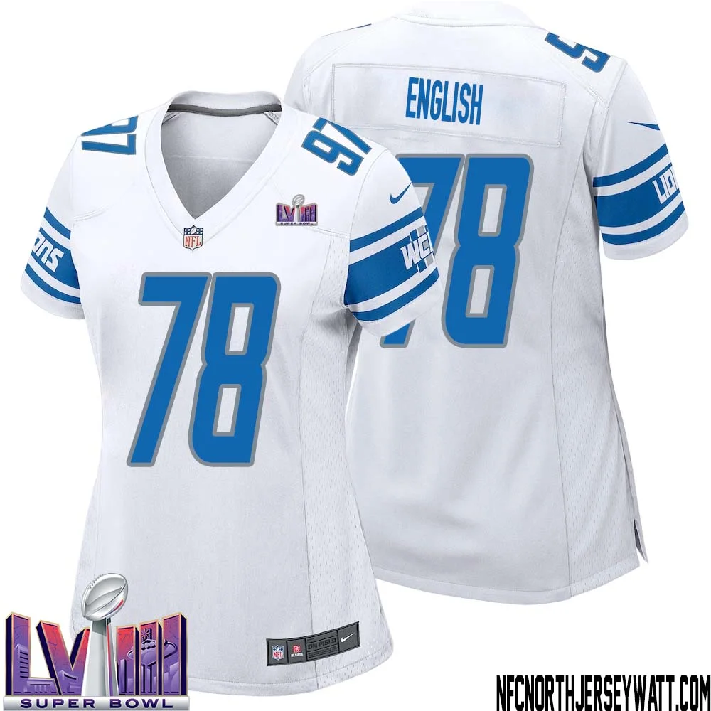 Doug English No 78 Women White Detroit Lions Player Super Bowl LVIII Away Game Jersey 1