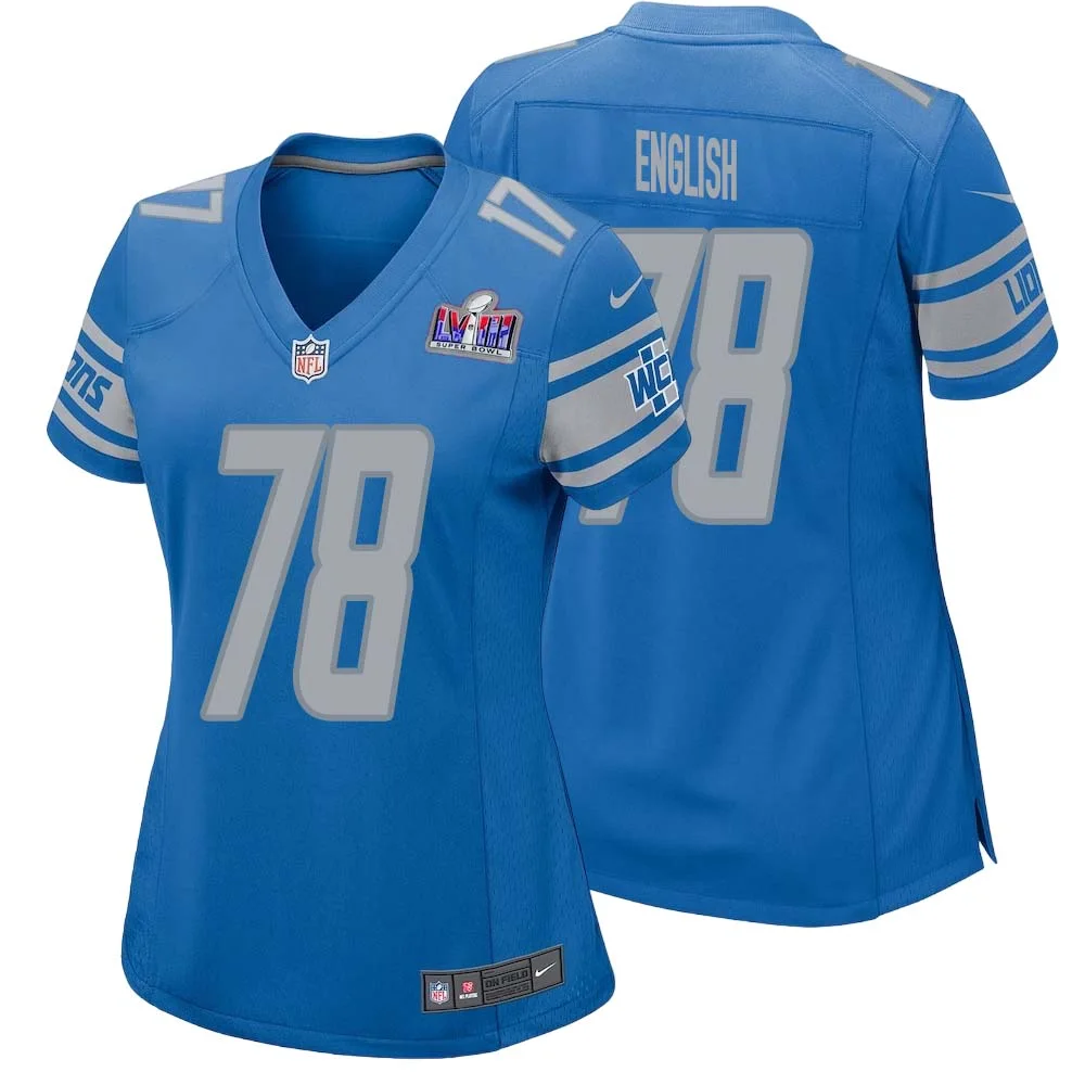 Doug English No 78 Womens Custom Blue Detroit Lions Super Bowl LVIII Player Home Game Jersey
