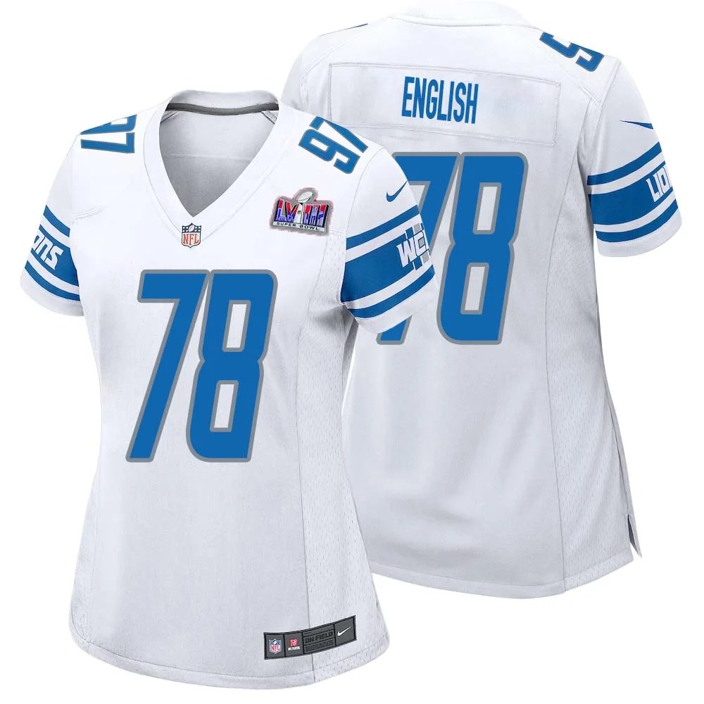 Doug English No 78 Womens Custom White Detroit Lions Super Bowl LVIII Away Game Jersey