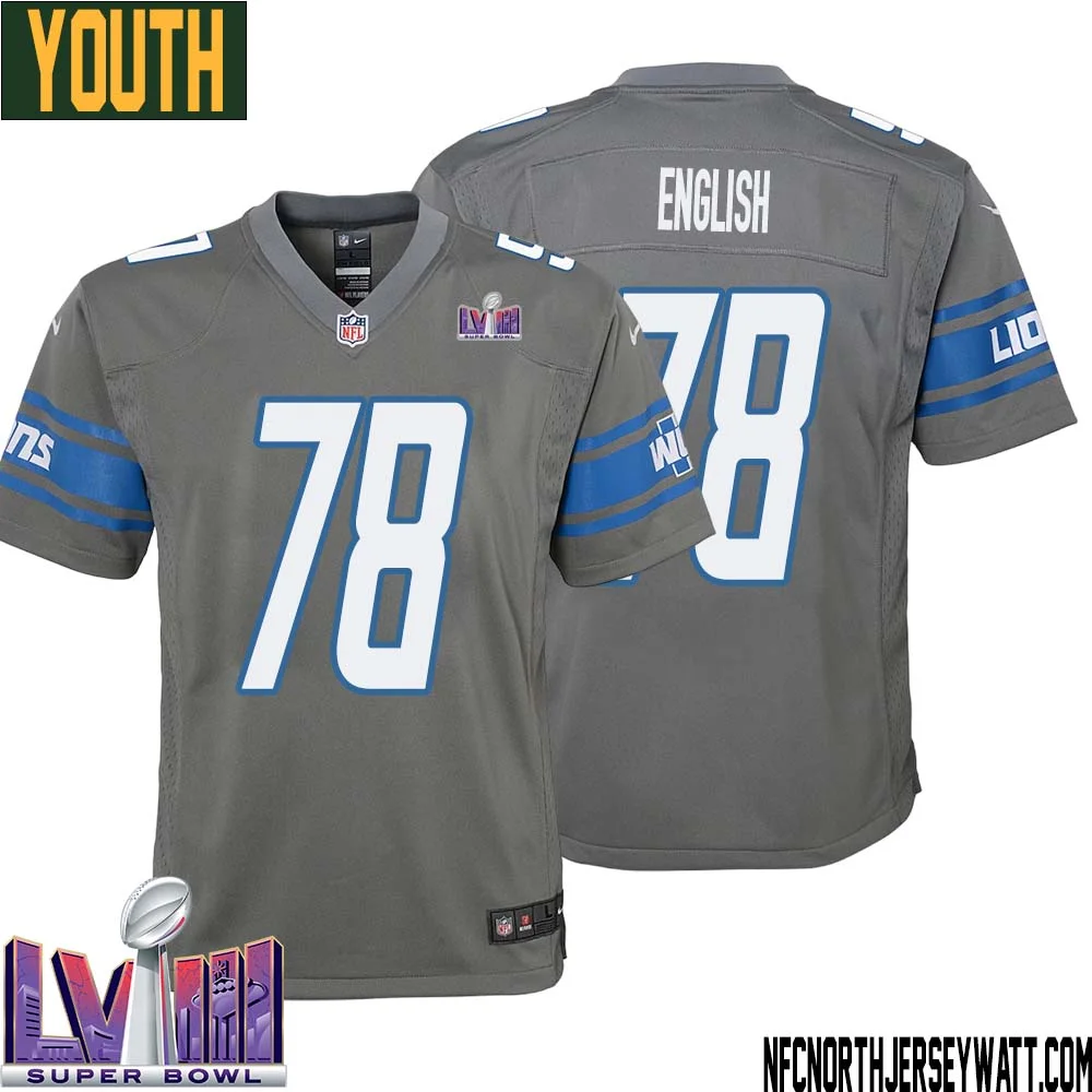 Doug English No 78 Youth Grey Detroit Lions Player Super Bowl LVIII Alternate Game Jersey