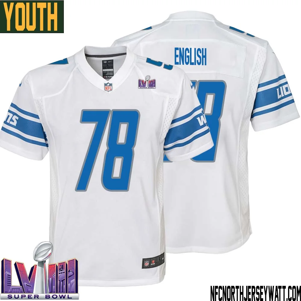 Doug English No 78 Youth White Detroit Lions Player Super Bowl LVIII Away Game Jersey 1