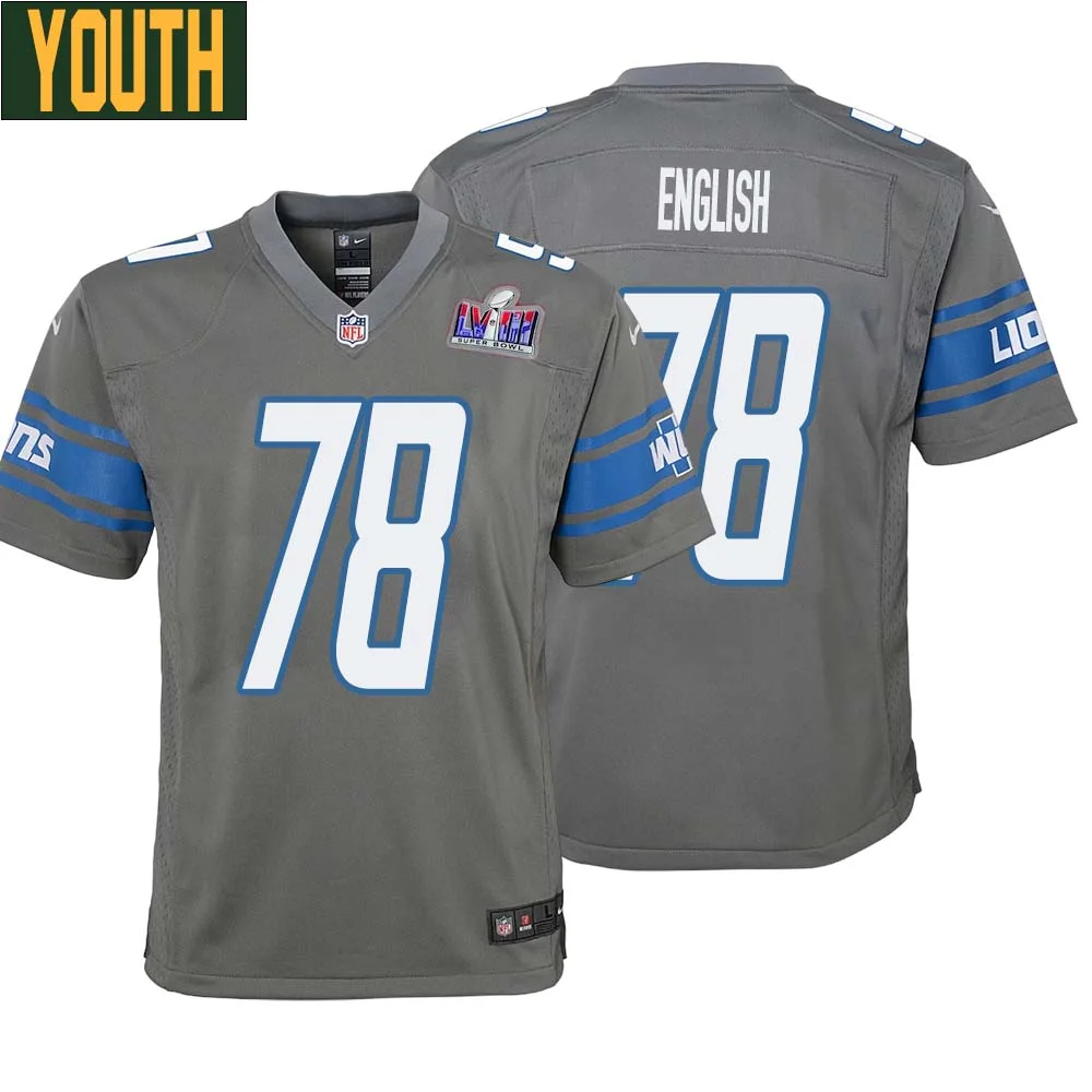 Doug English No 78 Youths Custom Gray Detroit Lions Alternate Super Bowl LVIII Game Jersey