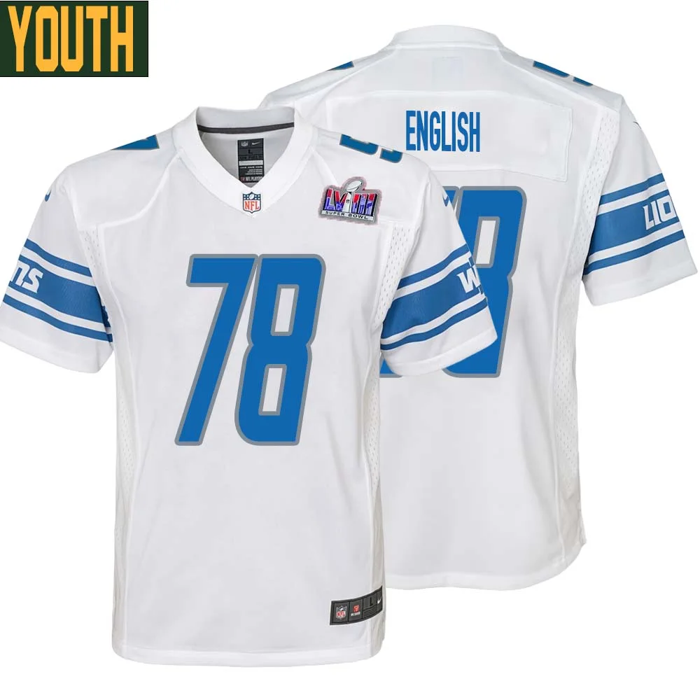 Doug English No 78 Youths Custom White Detroit Lions Super Bowl LVIII Away Game Jersey