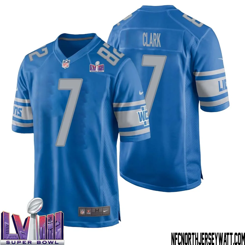 Dutch Clark No 7 Men Blue Detroit Lions Player Super Bowl LVIII Home Game Jersey 1