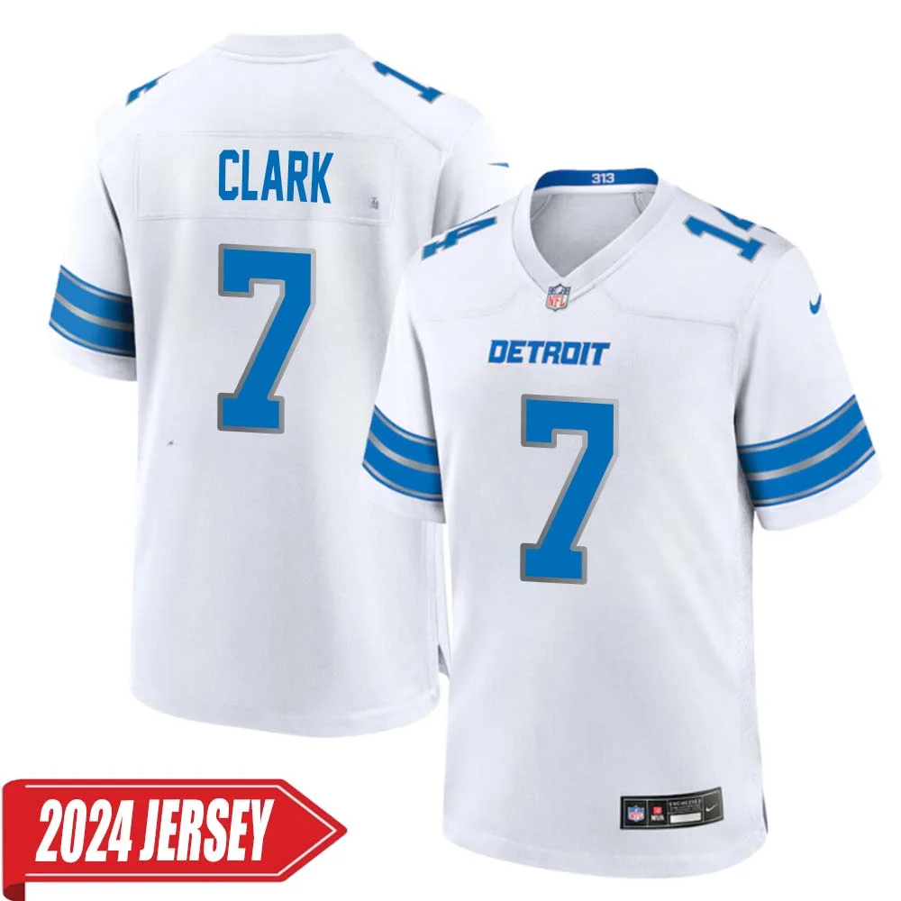 Dutch Clark No 7 Men s Detroit Lions Away Game 2024 Jersey White