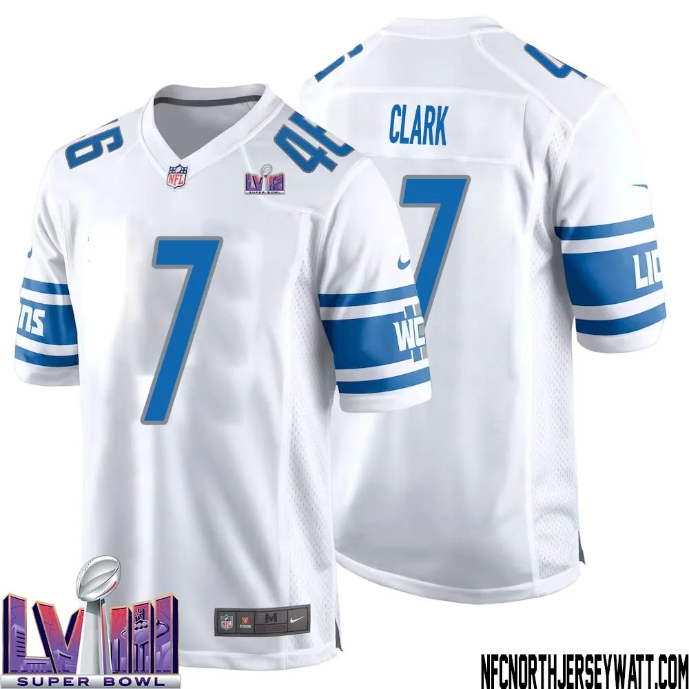 Dutch Clark No 7 Men White Detroit Lions Player Super Bowl LVIII Away Game Jersey 1