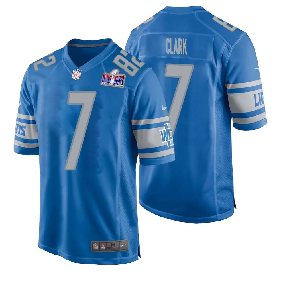 Dutch Clark No 7 Mens Custom Blue Detroit Lions Super Bowl LVIII Player Home Game Jersey