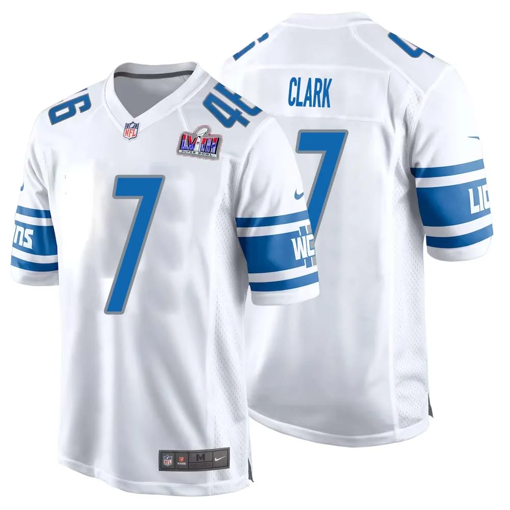 Dutch Clark No 7 Mens Custom White Detroit Lions Super Bowl LVIII Away Game Jersey
