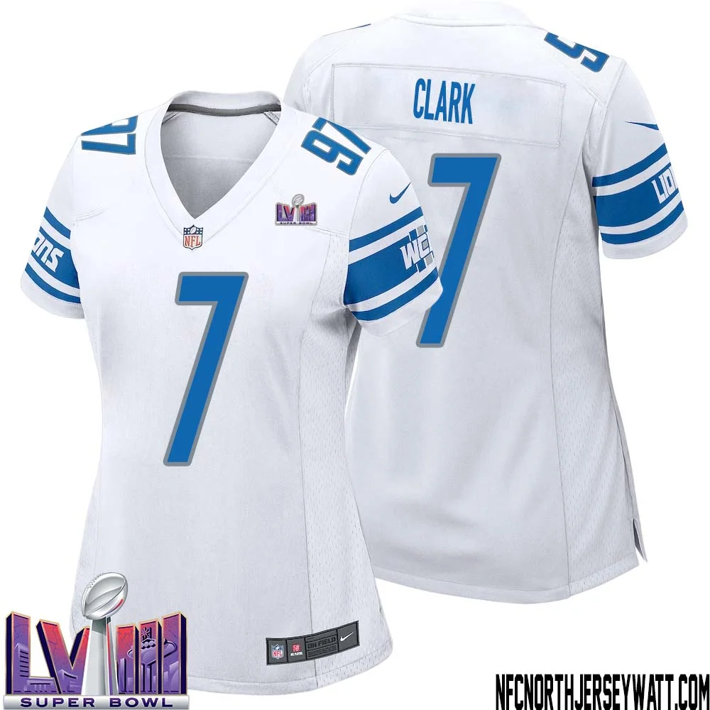 Dutch Clark No 7 Women White Detroit Lions Player Super Bowl LVIII Away Game Jersey