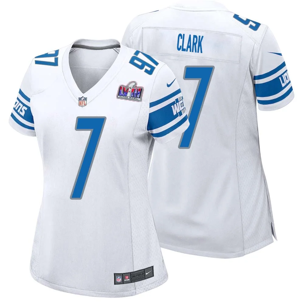 Dutch Clark No 7 Womens Custom White Detroit Lions Super Bowl LVIII Away Game Jersey