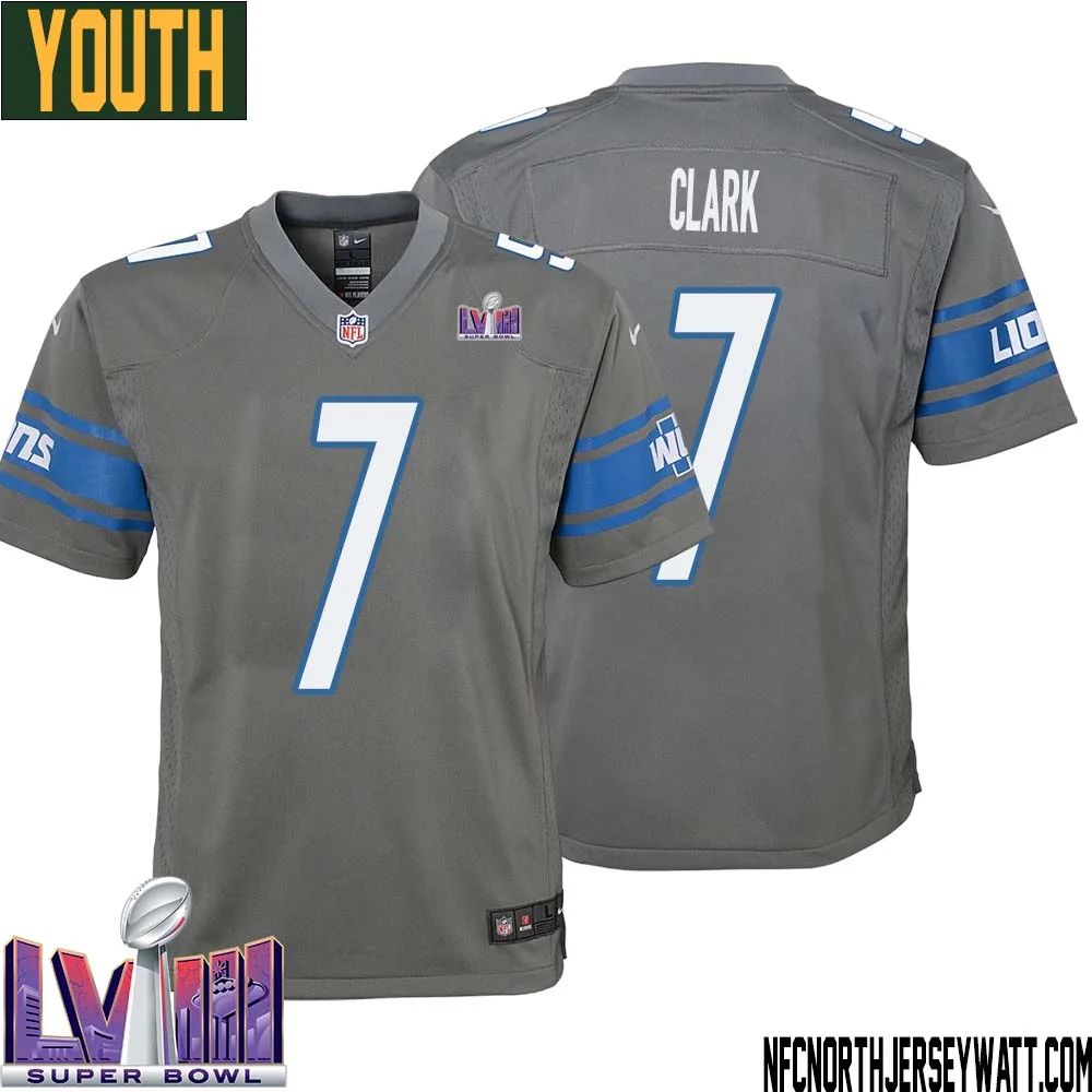 Dutch Clark No 7 Youth Grey Detroit Lions Player Super Bowl LVIII Alternate Game Jersey