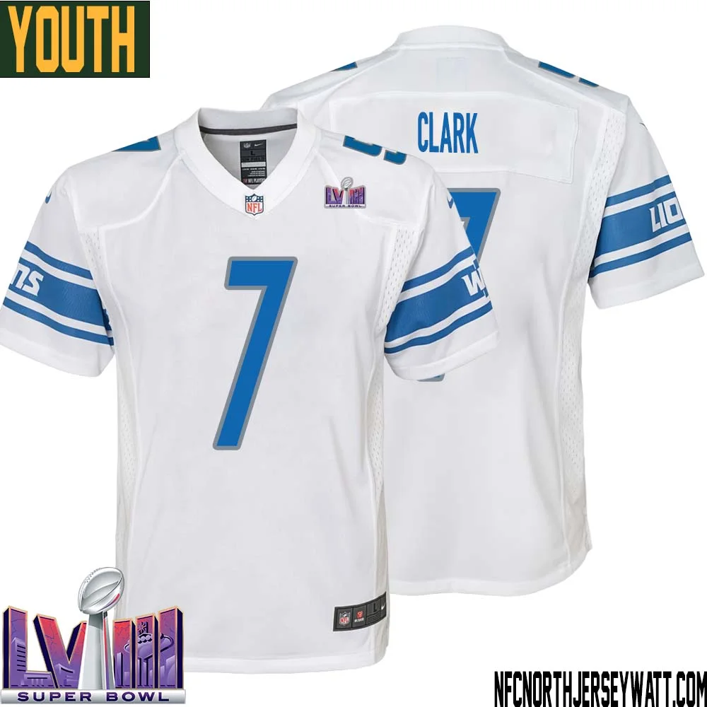 Dutch Clark No 7 Youth White Detroit Lions Player Super Bowl LVIII Away Game Jersey