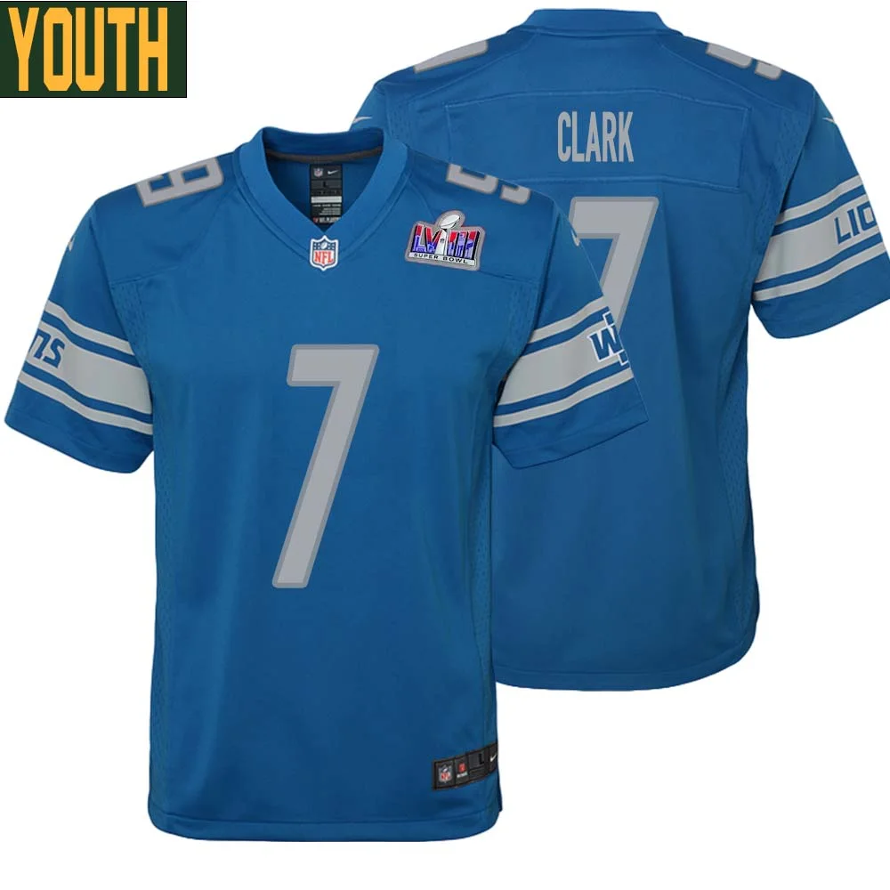Dutch Clark No 7 Youths Custom Blue Detroit Lions Super Bowl LVIII Player Home Game Jersey