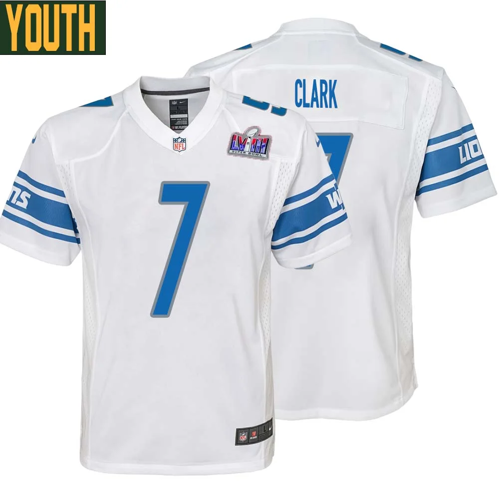 Dutch Clark No 7 Youths Custom White Detroit Lions Super Bowl LVIII Away Game Jersey