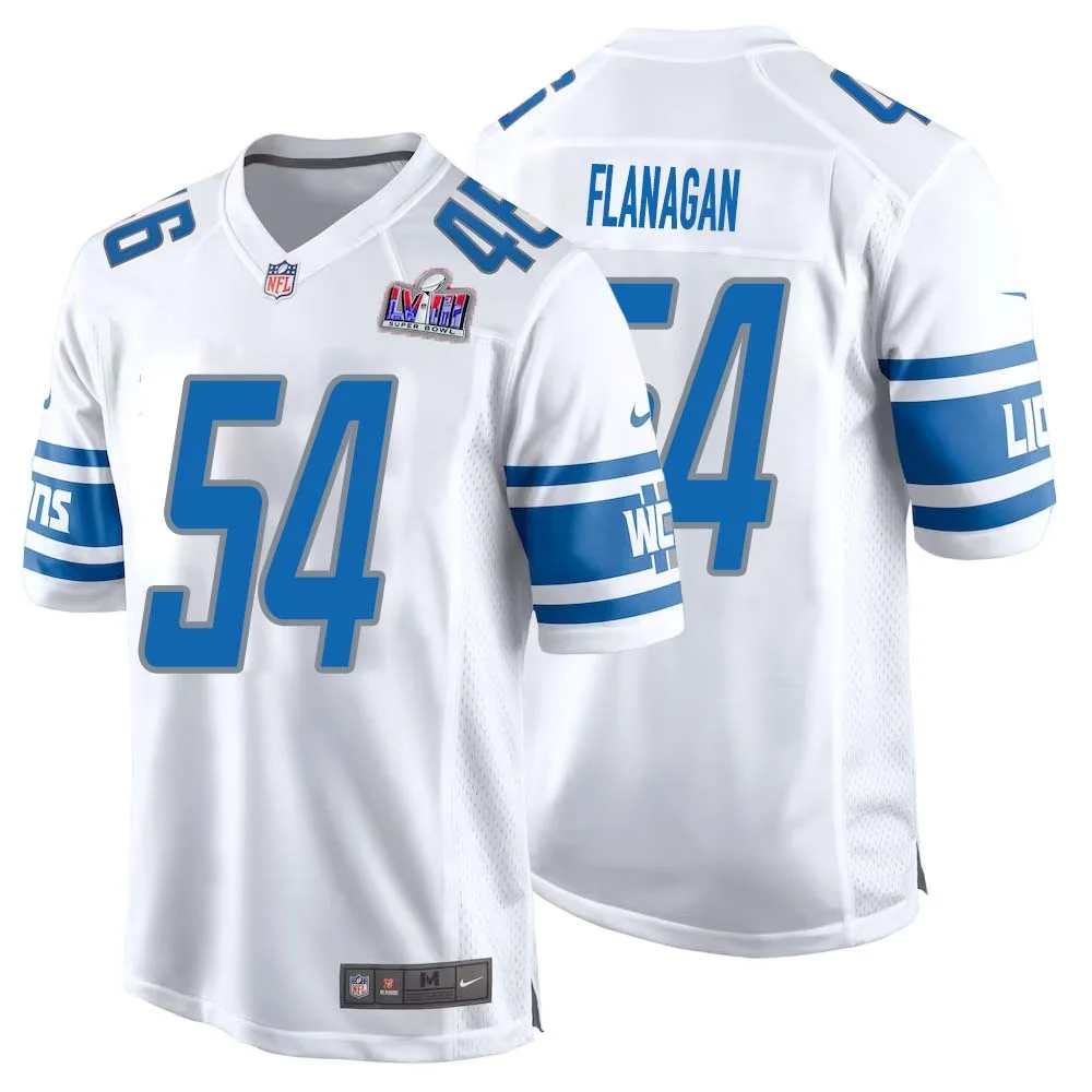 Ed Flanagan No 54 Mens Custom White Detroit Lions Super Bowl LVIII Away Game Jersey