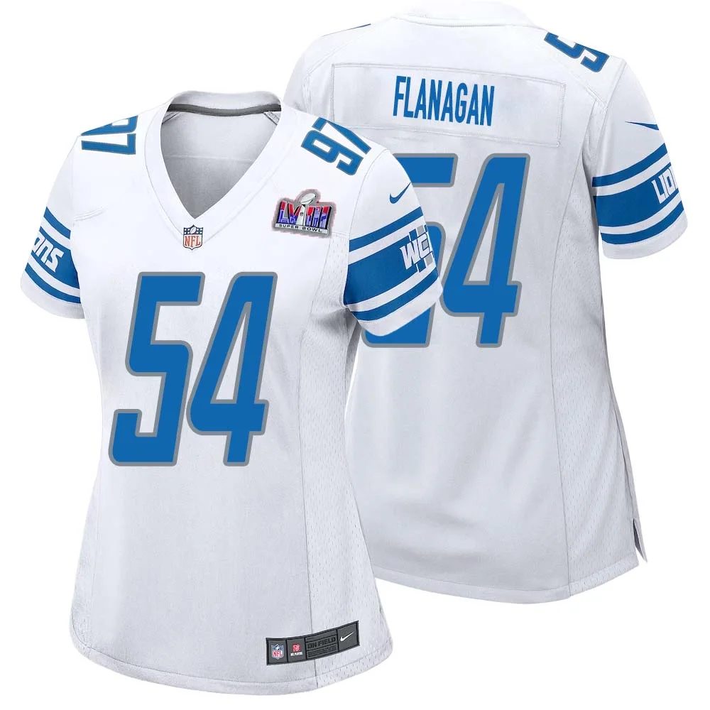 Ed Flanagan No 54 Womens Custom White Detroit Lions Super Bowl LVIII Away Game Jersey