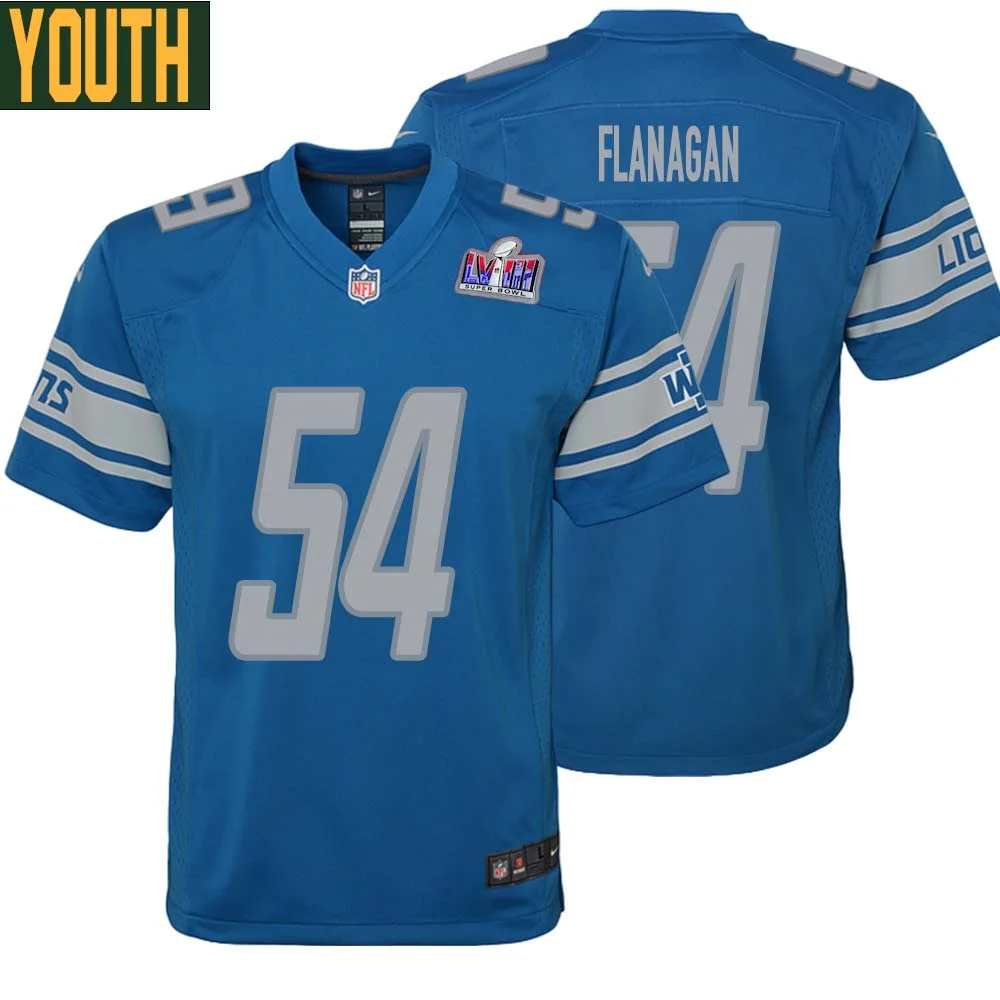 Ed Flanagan No 54 Youths Custom Blue Detroit Lions Super Bowl LVIII Player Home Game Jersey