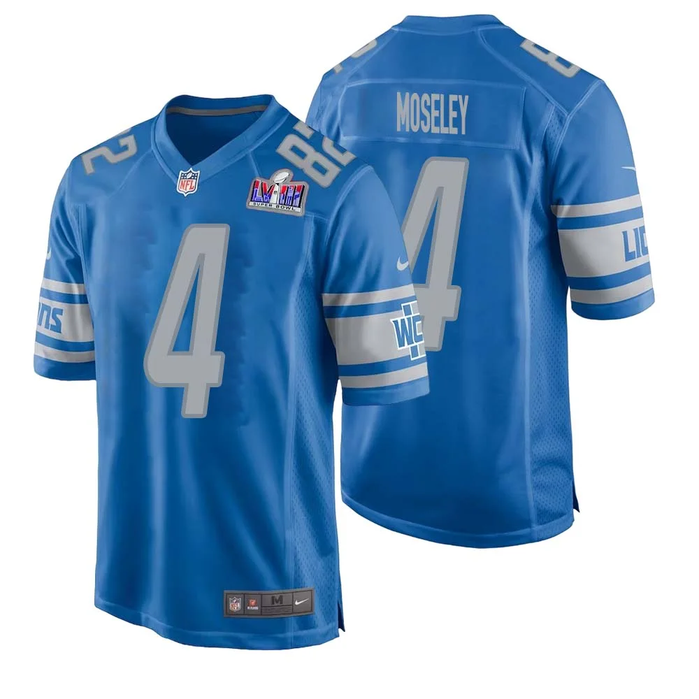 Emmanuel Moseley No 4 Mens Custom Blue Detroit Lions Super Bowl LVIII Player Home Game Jersey