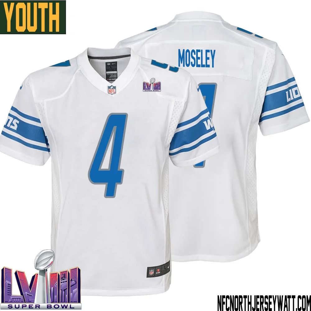 Emmanuel Moseley No 4 Youth White Detroit Lions Player Super Bowl LVIII Away Game Jersey