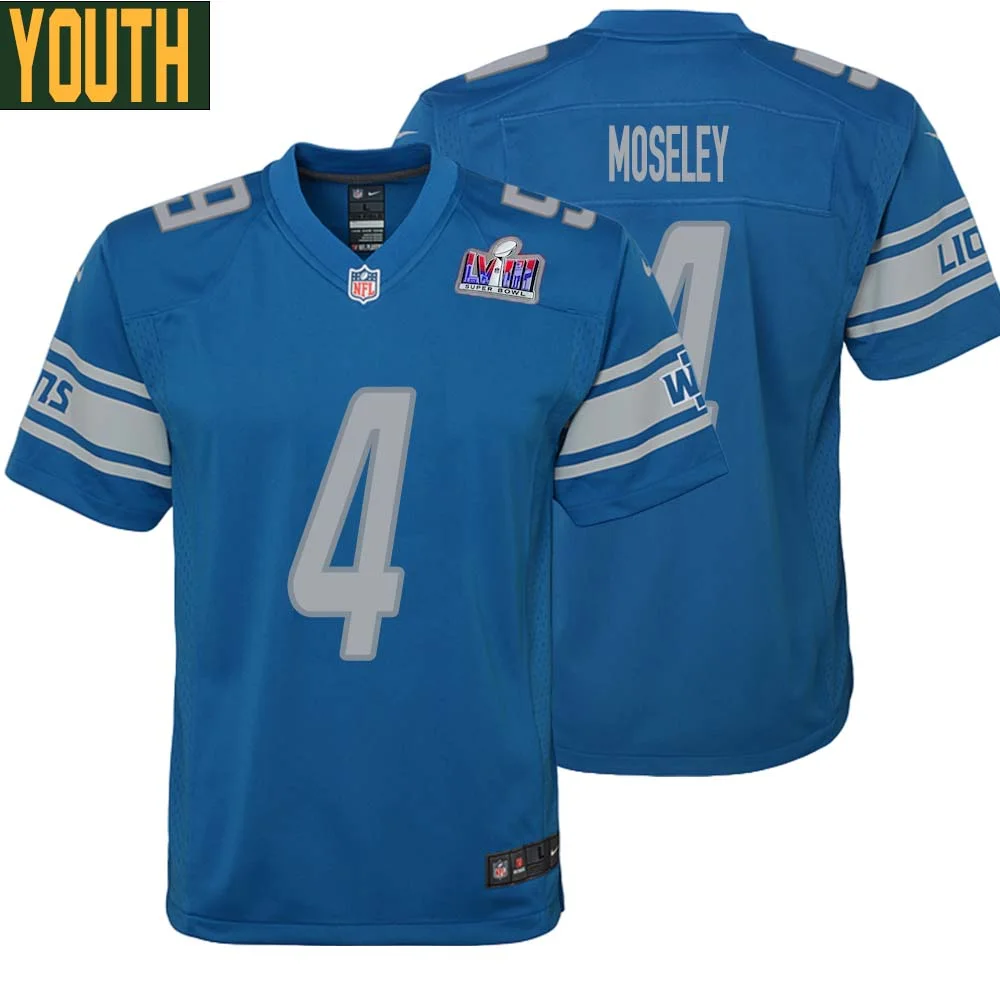 Emmanuel Moseley No 4 Youths Custom Blue Detroit Lions Super Bowl LVIII Player Home Game Jersey