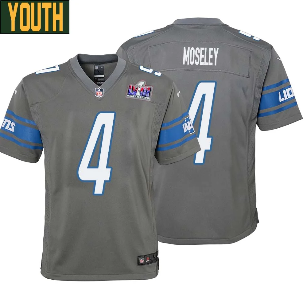 Emmanuel Moseley No 4 Youths Custom Gray Detroit Lions Alternate Super Bowl LVIII Game Jersey
