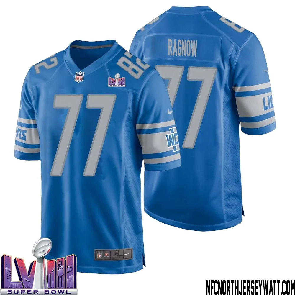 Frank Ragnow No 77 Men Blue Detroit Lions Player Super Bowl LVIII Home Game Jersey